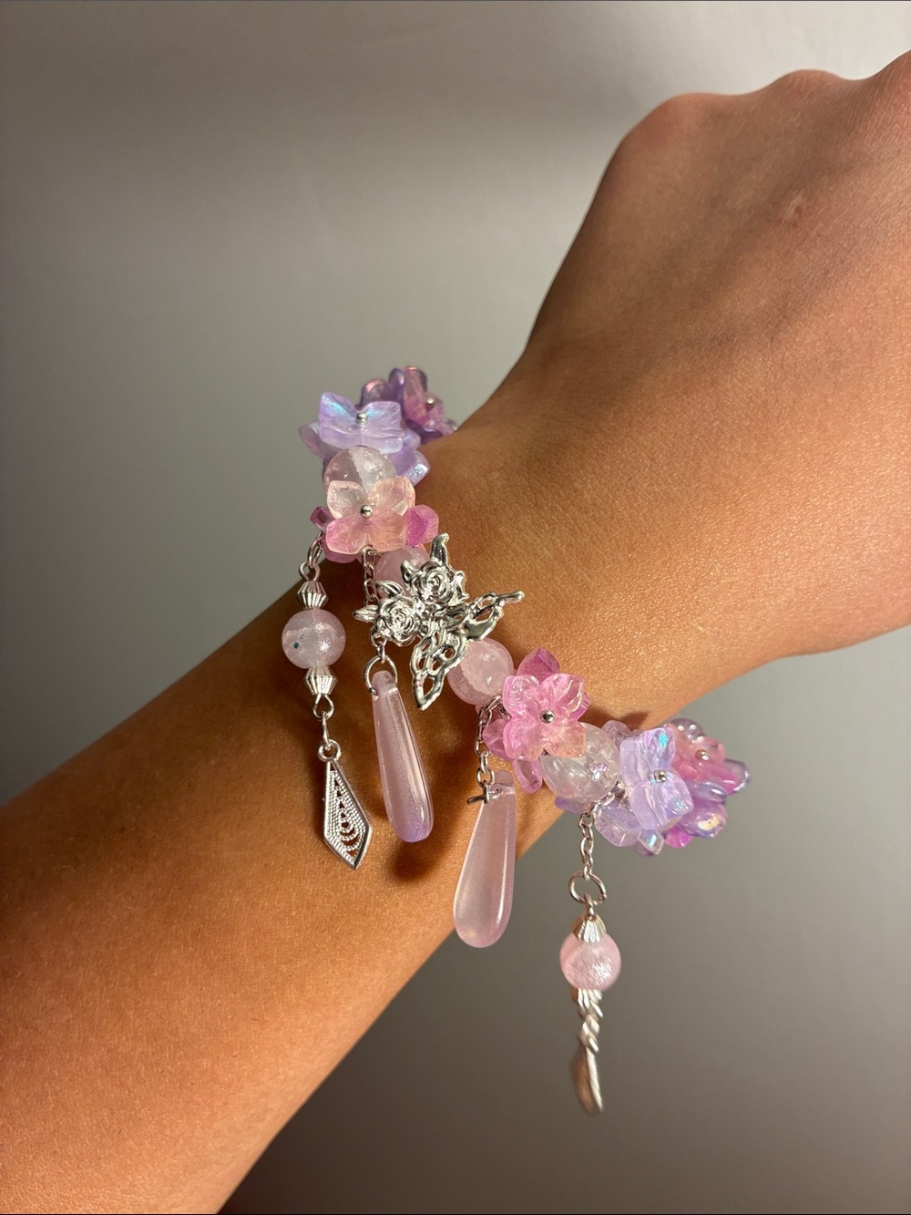 Hand Crafted Pink & Lavender Floral Charm Bracelet